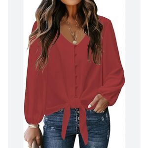 Burnt Orange V-neck Flowy Button down Knot front top 2XL